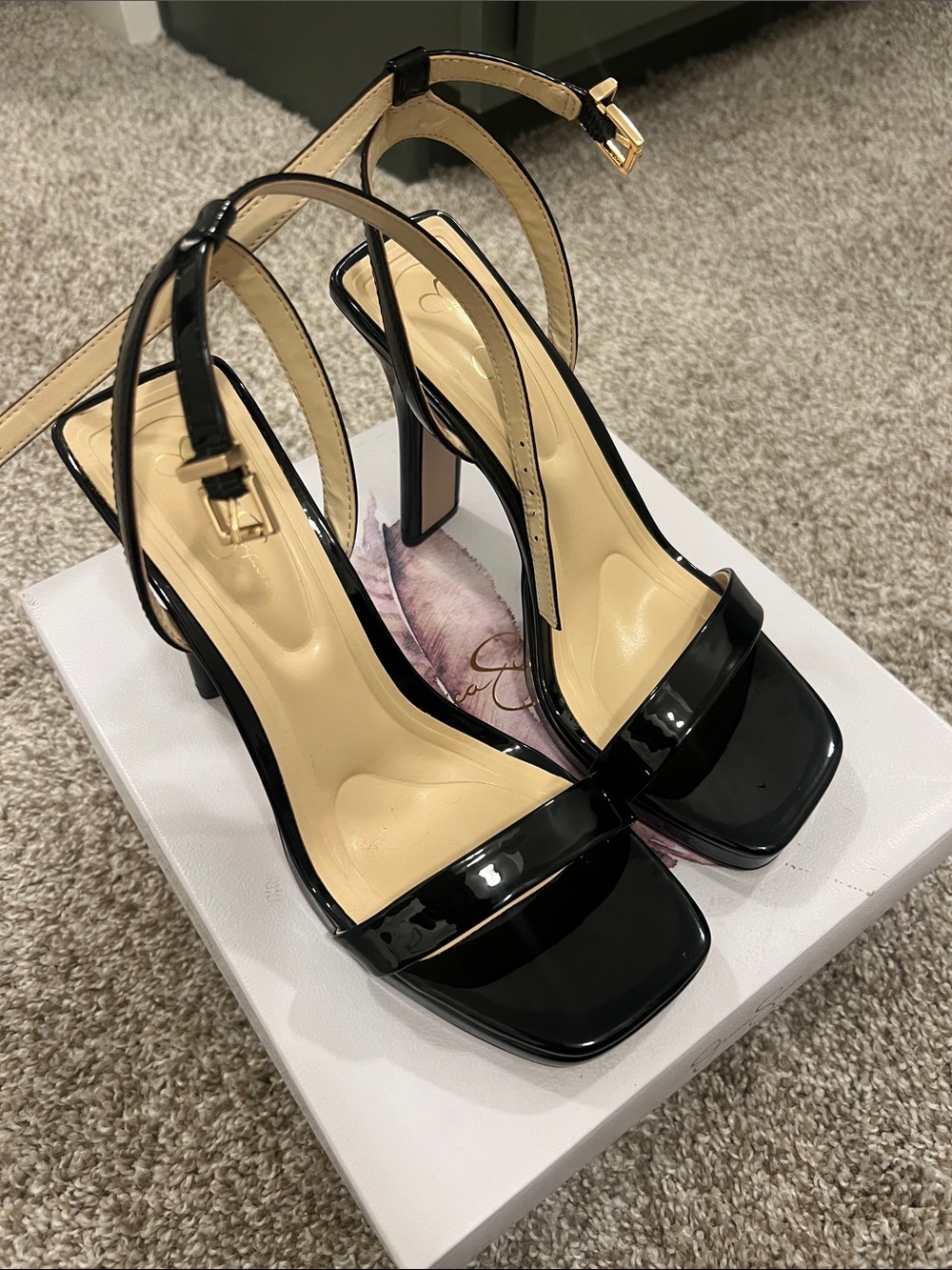 Jessica Simpson Black Patent Leather Block Heel Sandals - Adonia